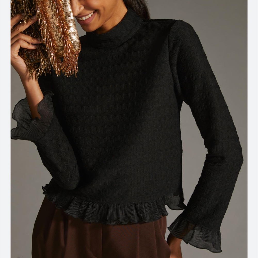 Anthropologie Blue Tassel Ruffled Turtleneck Pullover